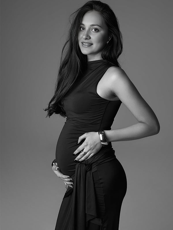 fotobeyou Brown Ruched Knot Draped High Neck Sleeveless Bodycon Elegant Maternity Photoshoot Maxi Dress