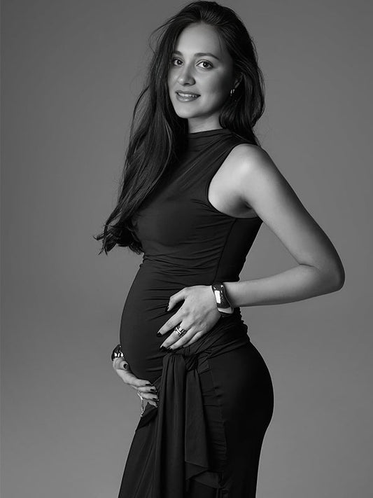 fotobeyou Brown Ruched Knot Draped High Neck Sleeveless Bodycon Elegant Maternity Photoshoot Maxi Dress