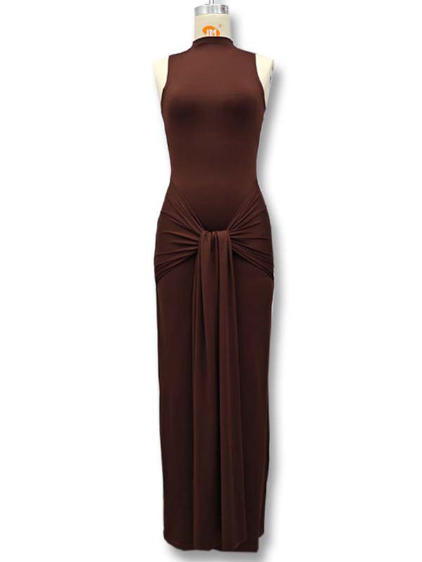 fotobeyou Brown Ruched Knot Draped High Neck Sleeveless Bodycon Elegant Maternity Photoshoot Maxi Dress