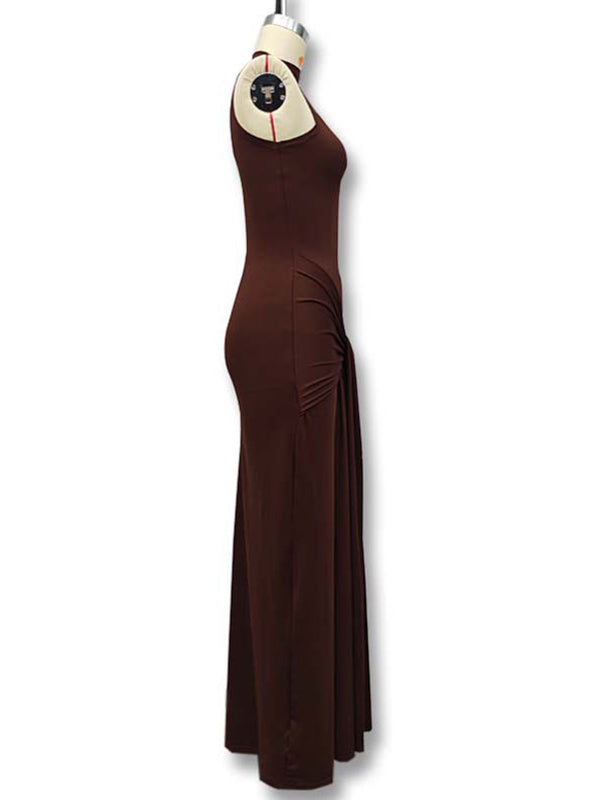 fotobeyou Brown Ruched Knot Draped High Neck Sleeveless Bodycon Elegant Maternity Photoshoot Maxi Dress