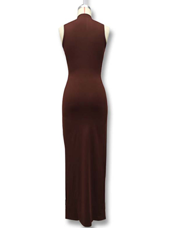fotobeyou Brown Ruched Knot Draped High Neck Sleeveless Bodycon Elegant Maternity Photoshoot Maxi Dress
