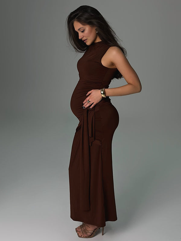 fotobeyou Brown Ruched Knot Draped High Neck Sleeveless Bodycon Elegant Maternity Photoshoot Maxi Dress