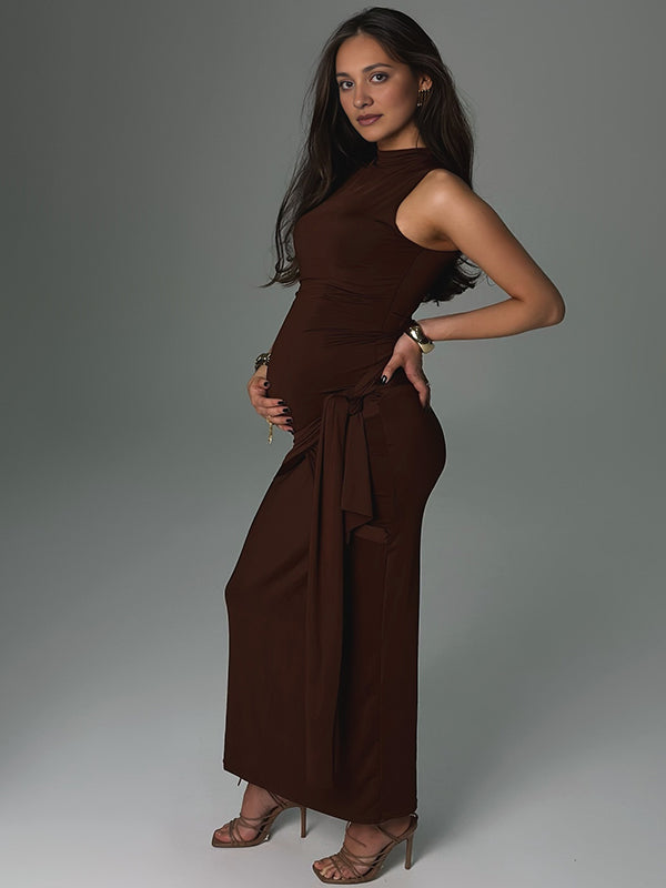 fotobeyou Brown Ruched Knot Draped High Neck Sleeveless Bodycon Elegant Maternity Photoshoot Maxi Dress
