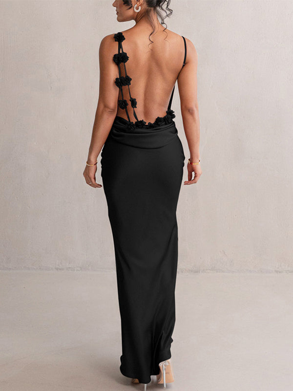 fotobeyou Satin 3D Flowers Ruched Backless Cami Bodycon Mermaid Elegant Evening Gown Maternity Baby Shower Maxi Dress