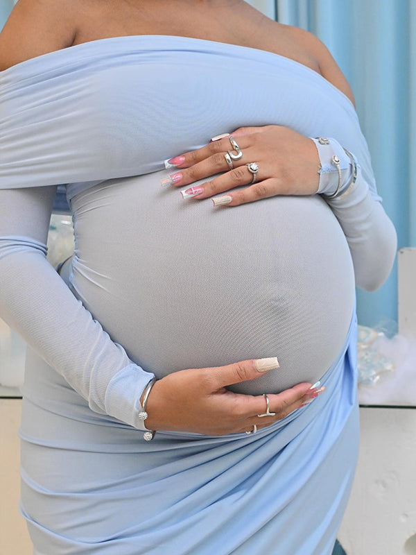 fotobeyou Blue Mesh Patchwork Off Shoulder Ruched Sheer Badycon Elegant Maternity Photoshoot Baby Shower Maxi Dress