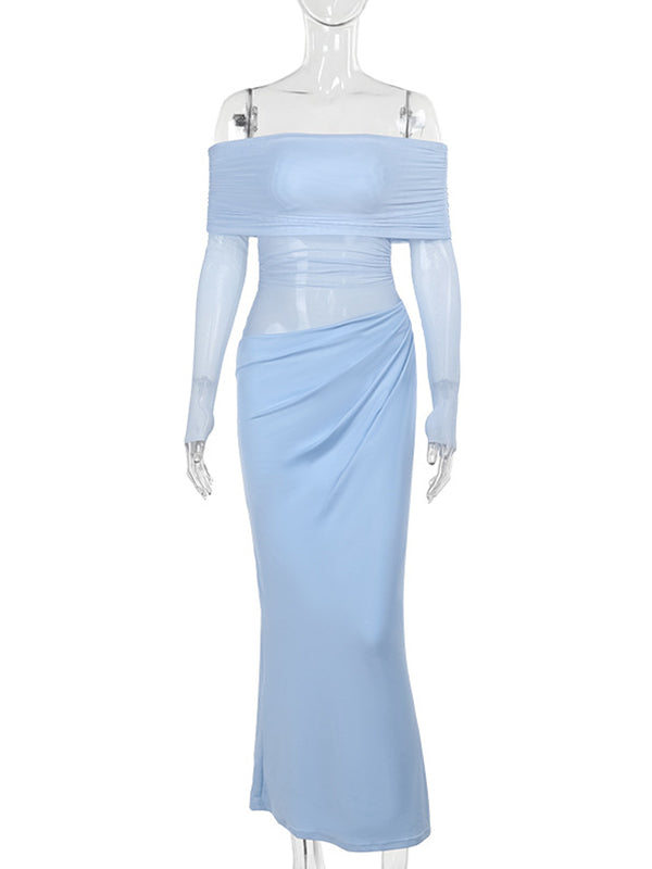fotobeyou Blue Mesh Patchwork Off Shoulder Ruched Sheer Badycon Elegant Maternity Photoshoot Baby Shower Maxi Dress