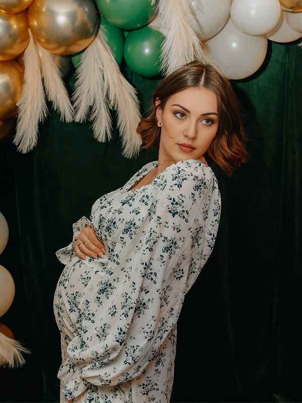 fotobeyou White And Blue Flowers Side Slit Cross Lace Up Lantern Sleeve Gendeer Reveal Baby Boy Shower Maternity Maxi Dress