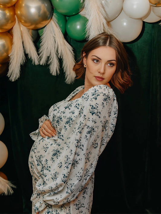 fotobeyou White And Blue Flowers Side Slit Cross Lace Up Lantern Sleeve Gendeer Reveal Baby Boy Shower Maternity Maxi Dress