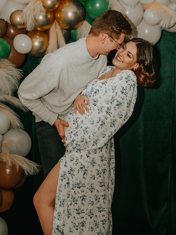 fotobeyou White And Blue Flowers Side Slit Cross Lace Up Lantern Sleeve Gendeer Reveal Baby Boy Shower Maternity Maxi Dress