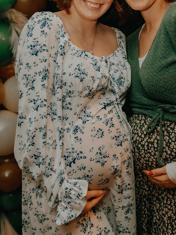 fotobeyou White And Blue Flowers Side Slit Cross Lace Up Lantern Sleeve Gendeer Reveal Baby Boy Shower Maternity Maxi Dress