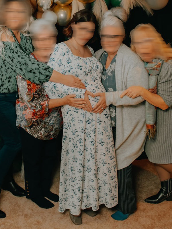 fotobeyou White And Blue Flowers Side Slit Cross Lace Up Lantern Sleeve Gendeer Reveal Baby Boy Shower Maternity Maxi Dress