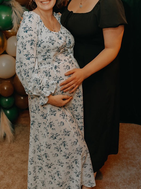 fotobeyou White And Blue Flowers Side Slit Cross Lace Up Lantern Sleeve Gendeer Reveal Baby Boy Shower Maternity Maxi Dress