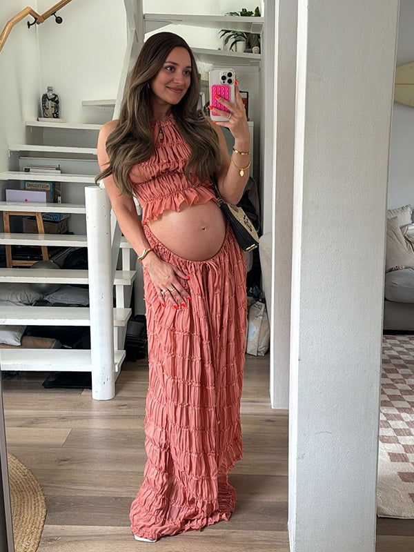 fotobeyou Lotus Pink 2-in-1 Smocked Halter Neck Backless Vacation Boho Photoshoot Baby Shower Maternity Maxi Dress