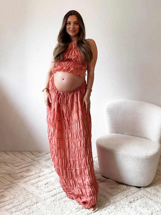 fotobeyou Lotus Pink 2-in-1 Smocked Halter Neck Backless Vacation Boho Photoshoot Baby Shower Maternity Maxi Dress