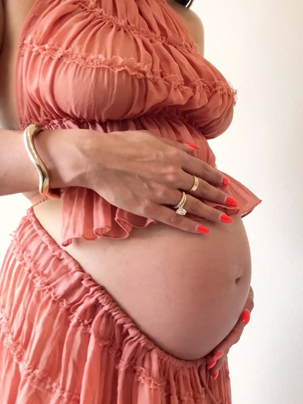 fotobeyou Lotus Pink 2-in-1 Smocked Halter Neck Backless Vacation Boho Photoshoot Baby Shower Maternity Maxi Dress