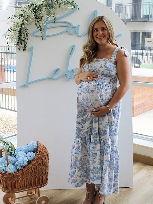 fotobeyou Floral Print Smocked Bow Boho Flowy Photoshoot Gender Reveal Baby Shower Maternity Maxi Dress