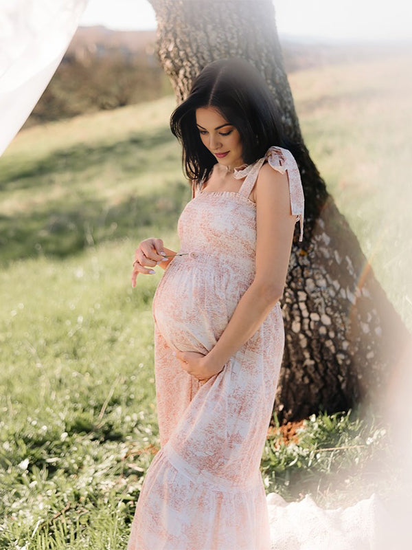 fotobeyou Floral Print Smocked Bow Boho Flowy Photoshoot Gender Reveal Baby Shower Maternity Maxi Dress