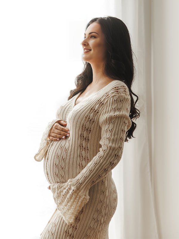fotobeyou Apricot Cut Out Knit Flare Sleeve Buttons Cardigan Photoshoot Fall Maternity Maxi Dress