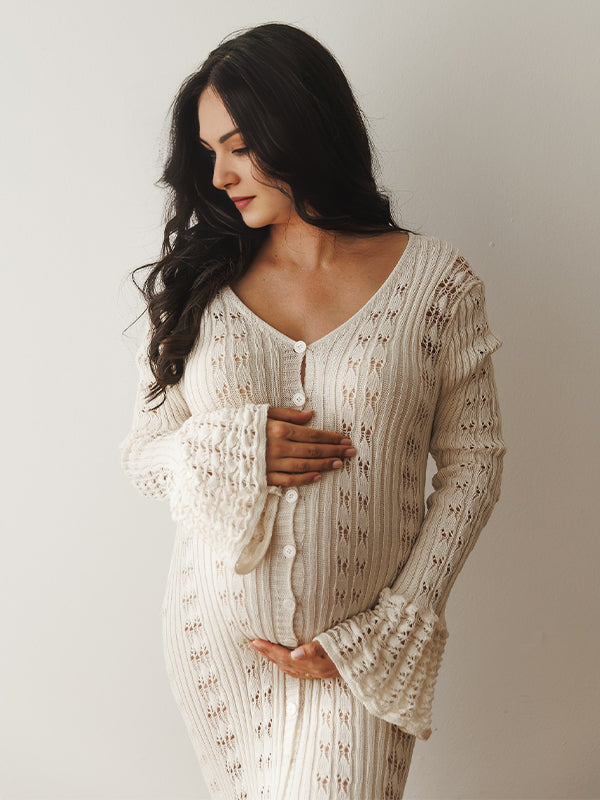 fotobeyou Apricot Cut Out Knit Flare Sleeve Buttons Cardigan Photoshoot Fall Maternity Maxi Dress