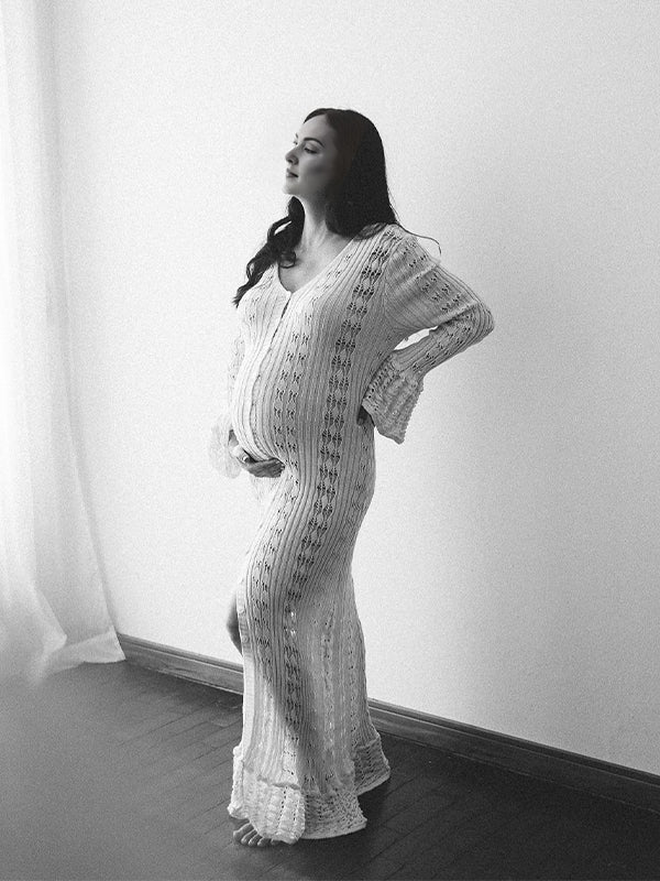 fotobeyou Apricot Cut Out Knit Flare Sleeve Buttons Cardigan Photoshoot Fall Maternity Maxi Dress