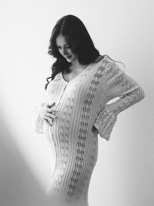 fotobeyou Apricot Cut Out Knit Flare Sleeve Buttons Cardigan Photoshoot Fall Maternity Maxi Dress