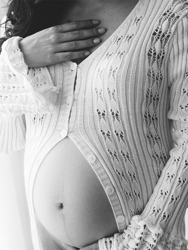 fotobeyou Apricot Cut Out Knit Flare Sleeve Buttons Cardigan Photoshoot Fall Maternity Maxi Dress