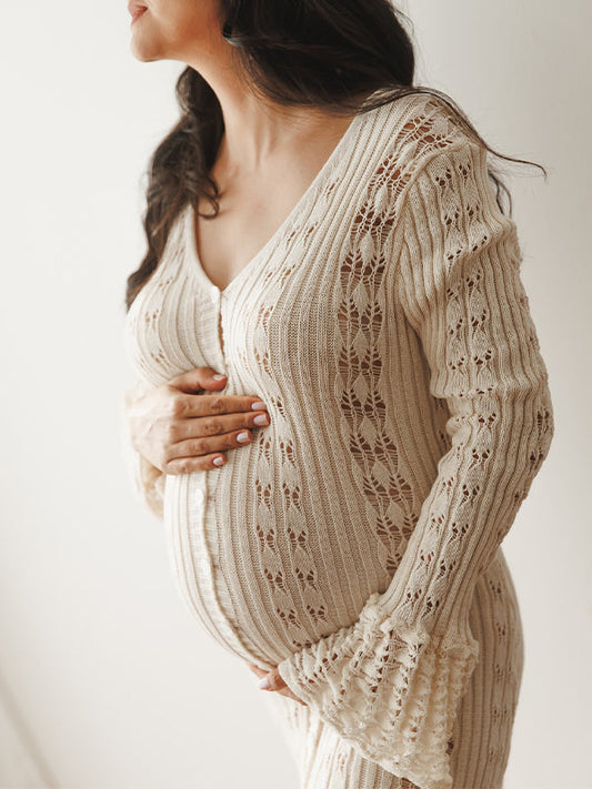 fotobeyou Apricot Cut Out Knit Flare Sleeve Buttons Cardigan Photoshoot Fall Maternity Maxi Dress