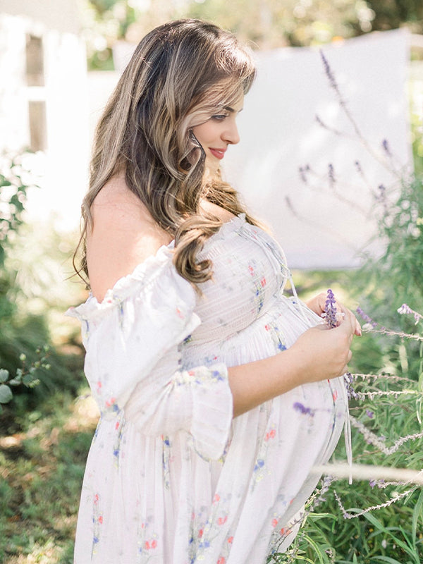 White Floral Smocked Tie Puff Sleeve Off Shoulder Flowy Boho Photoshoot Baby Shower Maternity Maxi Dress