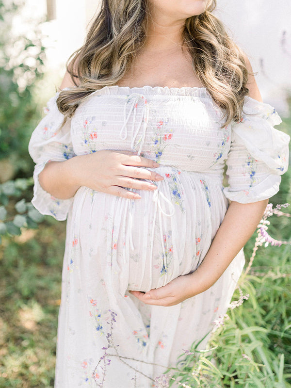fotobeyou White Floral Smocked Tie Puff Sleeve Off Shoulder Flowy Boho Photoshoot Baby Shower Maternity Maxi Dress
