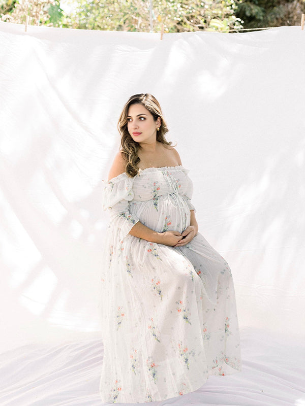 fotobeyou White Floral Smocked Tie Puff Sleeve Off Shoulder Flowy Boho Photoshoot Baby Shower Maternity Maxi Dress
