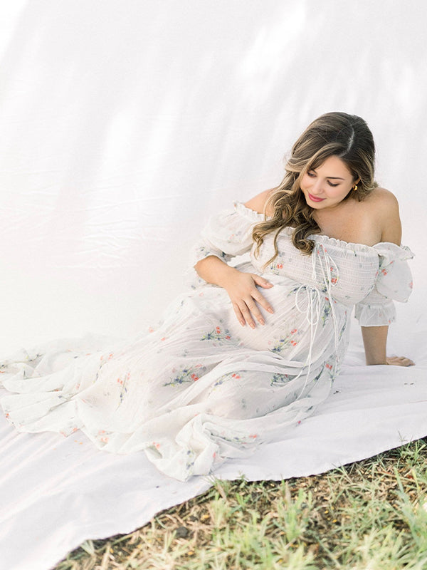 fotobeyou White Floral Smocked Tie Puff Sleeve Off Shoulder Flowy Boho Photoshoot Baby Shower Maternity Maxi Dress