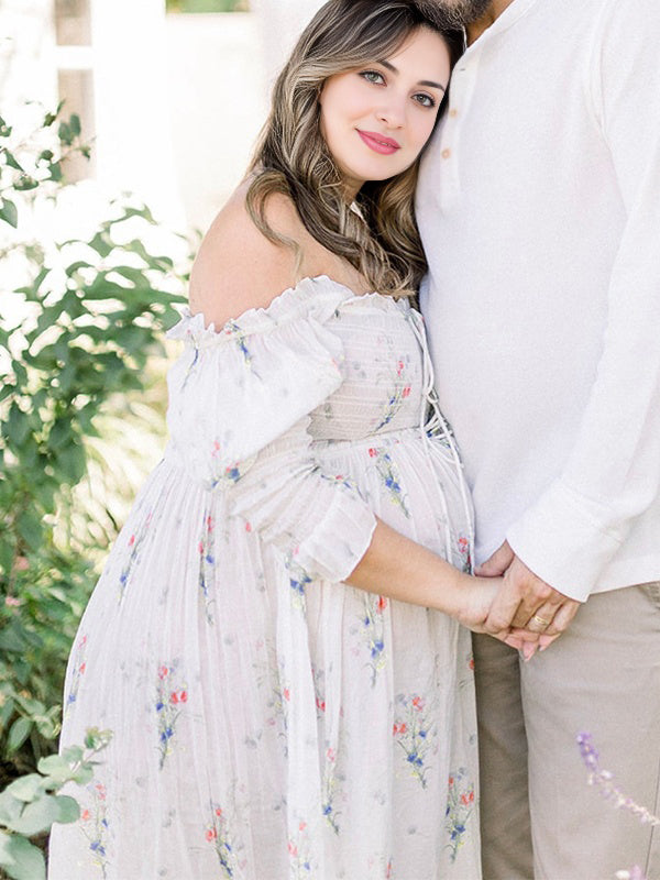 fotobeyou White Floral Smocked Tie Puff Sleeve Off Shoulder Flowy Boho Photoshoot Baby Shower Maternity Maxi Dress
