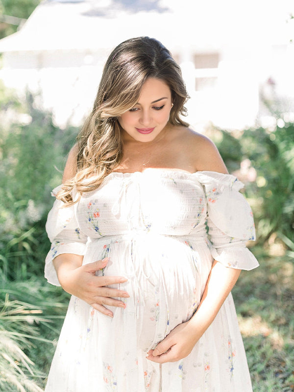 fotobeyou White Floral Smocked Tie Puff Sleeve Off Shoulder Flowy Boho Photoshoot Baby Shower Maternity Maxi Dress