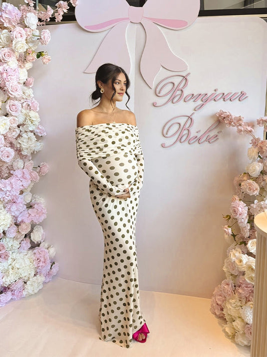 fotobeyou White Off Shoulder Olive Green Polka Dot Bodycon Boho Photoshoot Baby Shower Maternity Maxi Dress