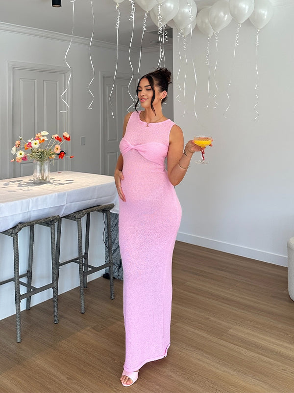 fotobeyou Pink Twist Knit Sheer Bodycon Beach Photoshoot Gender Reveal Baby Shower Maternity Maxi Dress