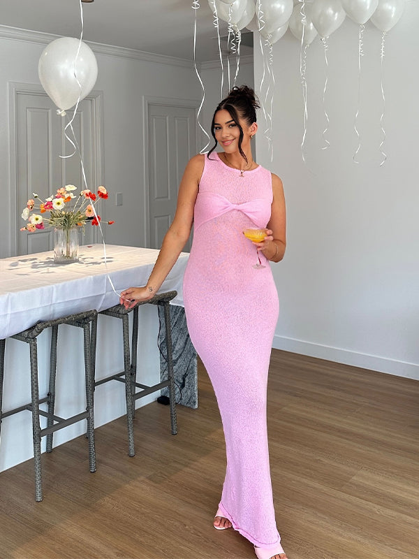 fotobeyou Pink Twist Knit Sheer Bodycon Beach Photoshoot Gender Reveal Baby Shower Maternity Maxi Dress