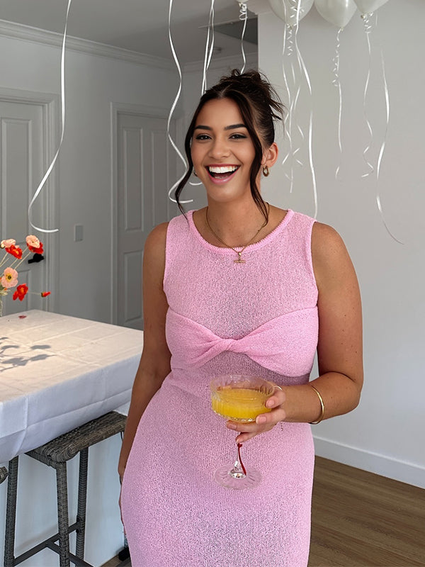 fotobeyou Pink Twist Knit Sheer Bodycon Beach Photoshoot Gender Reveal Baby Shower Maternity Maxi Dress