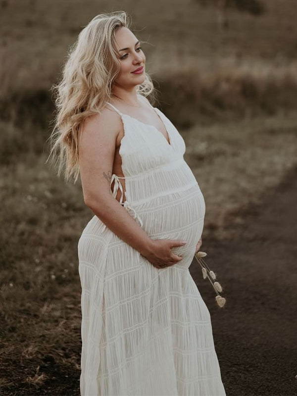 Smocked Tie Grenadine V-neck Boho Photoshoot Maternity Maxi Dress