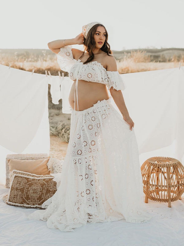 fotobeyou 2-in-1 Lace Cut Out Ruffle Front Slit Off Shoulder Flowy Boho Photoshoot Maternity Maxi Dress