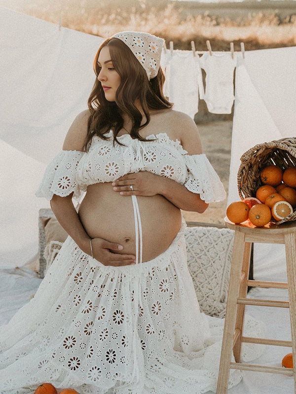 fotobeyou 2-in-1 Lace Cut Out Ruffle Front Slit Off Shoulder Flowy Boho Photoshoot Maternity Maxi Dress