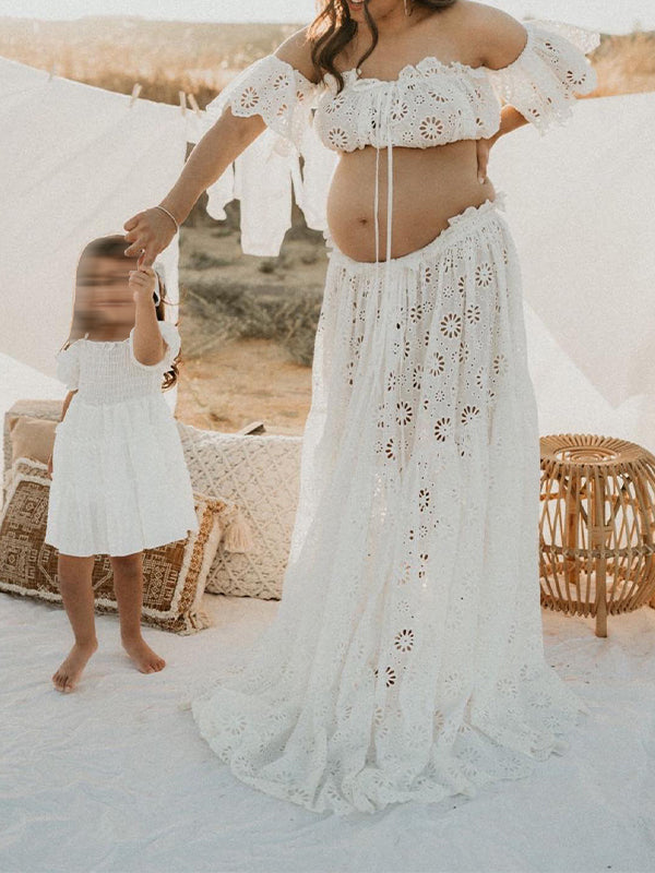 fotobeyou 2-in-1 Lace Cut Out Ruffle Front Slit Off Shoulder Flowy Boho Photoshoot Maternity Maxi Dress