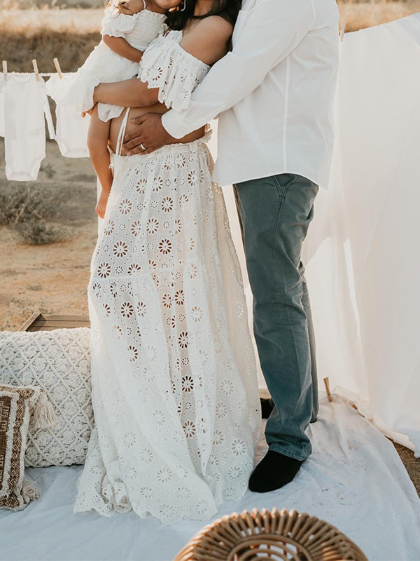 fotobeyou 2-in-1 Lace Cut Out Ruffle Front Slit Off Shoulder Flowy Boho Photoshoot Maternity Maxi Dress
