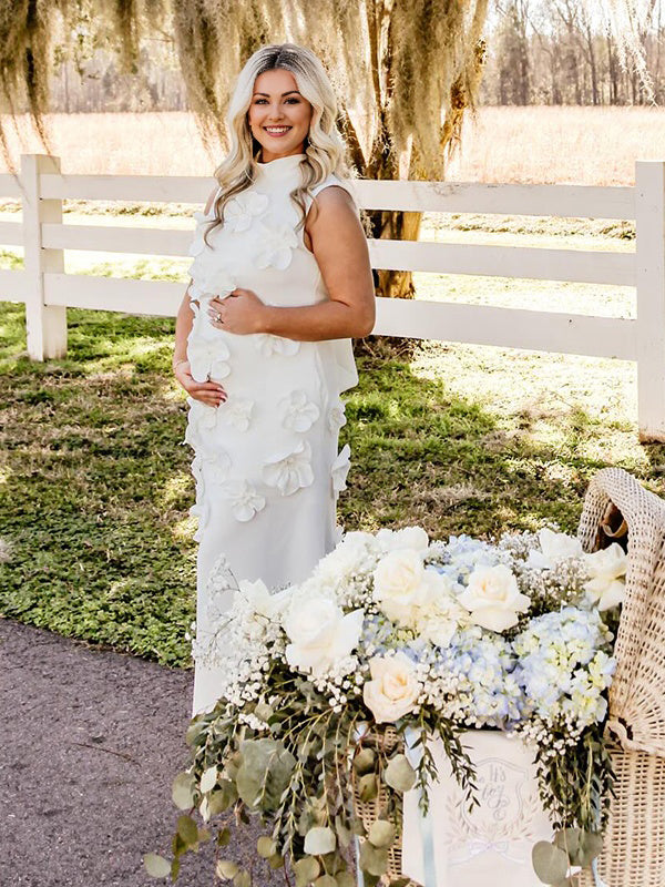 fotobeyou 3D Flowers Band Neck Back Bow Photoshoot Baby Shower Maternity Maxi Dress