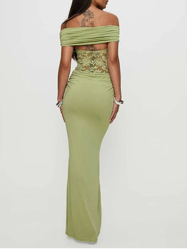 Green Off Shoulder Lace Sheer Splicing Ruched Baby Shower Maternity Maxi Dress