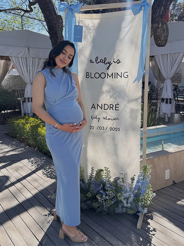 fotobeyou Cross Ruched Back Zipper Gender Reveal Baby Boy Shower Maternity Maxi Dress