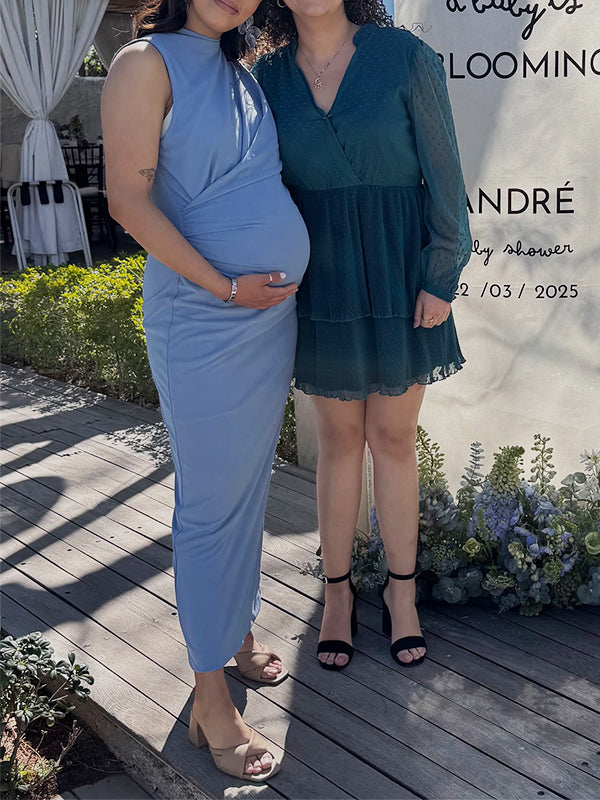 fotobeyou Cross Ruched Back Zipper Gender Reveal Baby Boy Shower Maternity Maxi Dress