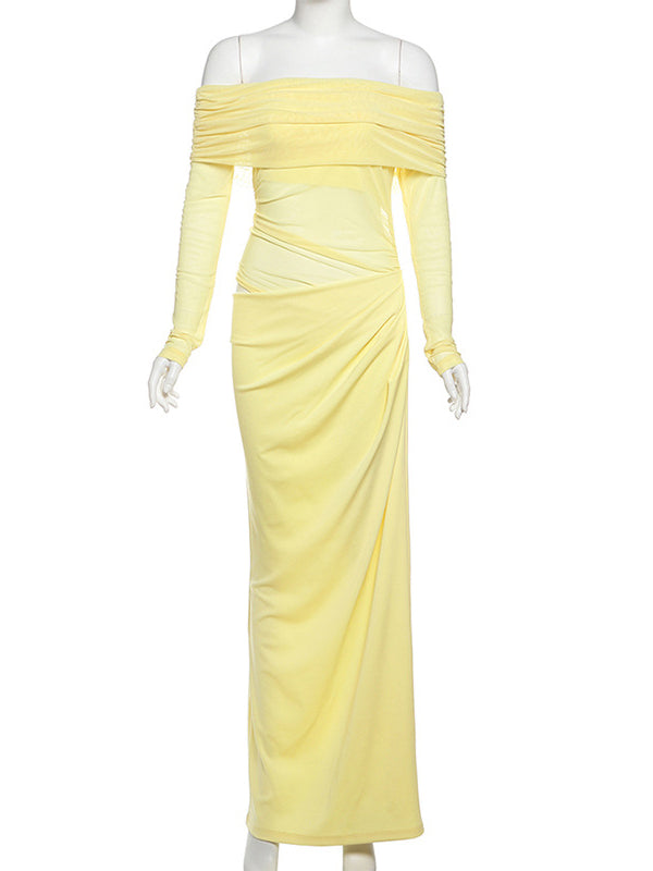 fotobeyou Off Shoulder Cut Out Grenadine Splicing Sheer Ruched Baby Shower Maternity Maxi Dress