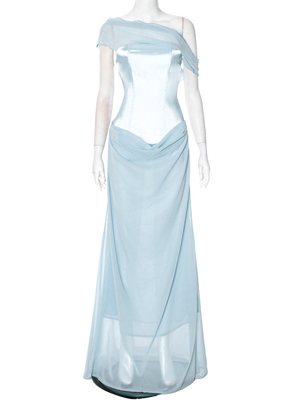 fotobeyou Off Shoulder Silk Grenadine Splicing Mermaid Gender Reveal Baby Boy Shower Maternity Maxi Dress