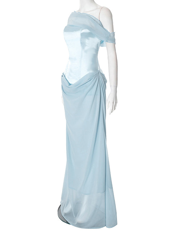 fotobeyou Off Shoulder Silk Grenadine Splicing Mermaid Gender Reveal Baby Boy Shower Maternity Maxi Dress
