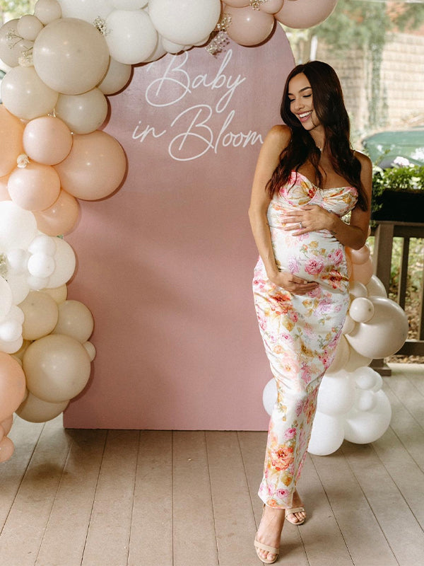 Beige Floral Back Slit Backless Baby Shower Maternity Maxi Dress